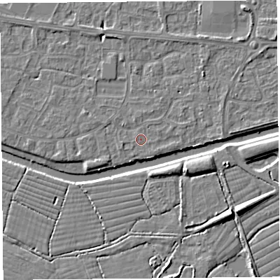 Shaded relief map of the ground around BS215HN, computed from Environment Agency LiDAR. The ground here sits at about 6 m above sea level and falls 8 m across the surrounding 800 m. Surface water reaching this point runs off ground lying to the east-south-east, 1.0 m higher.
