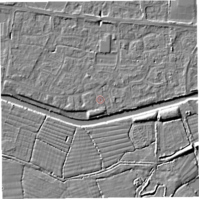 Shaded relief map of the ground around BS215HP, computed from Environment Agency LiDAR. The ground here sits at about 6 m above sea level and falls 8 m across the surrounding 800 m. The ground contributing surface water to this point lies to the west-north-west.
