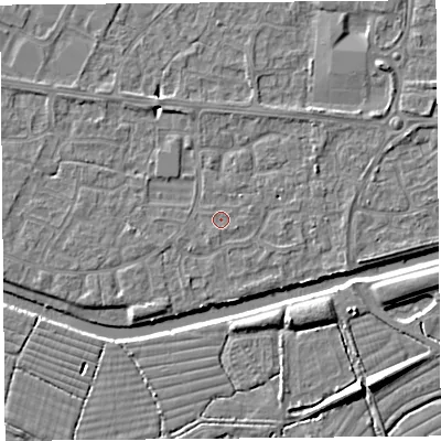 Shaded relief map of the ground around BS215HQ, computed from Environment Agency LiDAR. The ground here sits at about 6 m above sea level and falls 8 m across the surrounding 800 m. The ground contributing surface water to this point lies to the north-east.