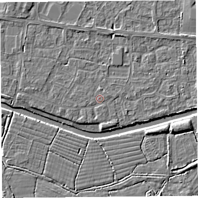 Shaded relief map of the ground around BS215HR, computed from Environment Agency LiDAR. The ground here sits at about 6 m above sea level and falls 6 m across the surrounding 800 m. Surface water reaching this point runs off ground lying to the north, 1.0 m higher.