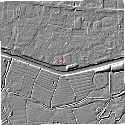 Shaded relief map of the ground around BS215HS, computed from Environment Agency LiDAR. The ground here sits at about 6 m above sea level and falls 5 m across the surrounding 800 m. Surface water reaching this point runs off ground lying to the east, 0.9 m higher.