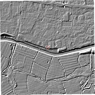 Shaded relief map of the ground around BS215HT, computed from Environment Agency LiDAR. The ground here sits at about 6 m above sea level and falls 5 m across the surrounding 800 m. Surface water reaching this point runs off ground lying to the north-east, 1.0 m higher.