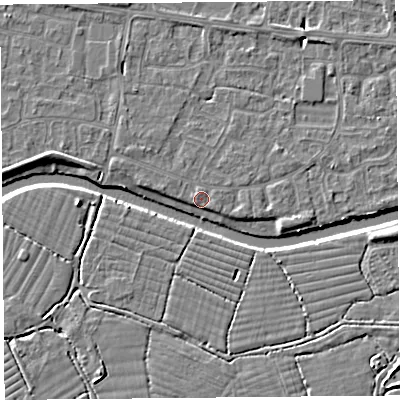 Shaded relief map of the ground around BS215HU, computed from Environment Agency LiDAR. The ground here sits at about 6 m above sea level and falls 4 m across the surrounding 800 m. Surface water reaching this point runs off ground lying to the north, 1.6 m higher.