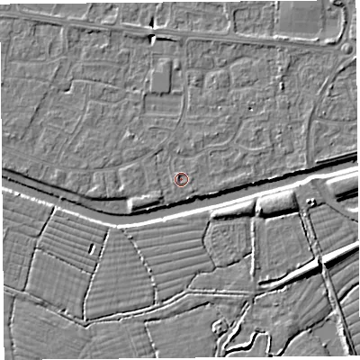 Shaded relief map of the ground around BS215HW, computed from Environment Agency LiDAR. The ground here sits at about 6 m above sea level and falls 8 m across the surrounding 800 m. Surface water reaching this point runs off ground lying to the west-south-west, 0.6 m higher.