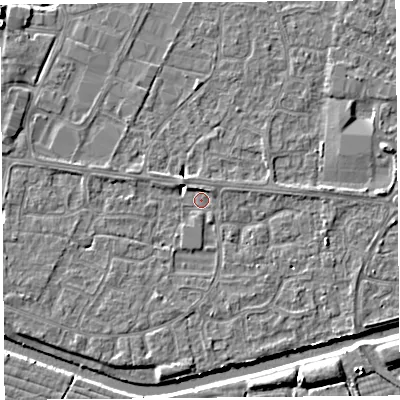 Shaded relief map of the ground around BS215HX, computed from Environment Agency LiDAR. The ground here sits at about 6 m above sea level and falls 5 m across the surrounding 800 m. Surface water reaching this point runs off ground lying to the east, 2.2 m higher.