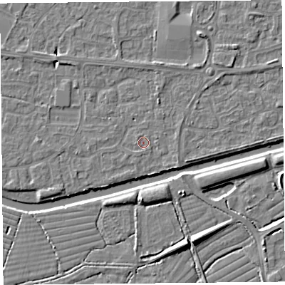 Shaded relief map of the ground around BS215HY, computed from Environment Agency LiDAR. The ground here sits at about 6 m above sea level and falls 8 m across the surrounding 800 m. Surface water reaching this point runs off ground lying to the north-west, 0.6 m higher.