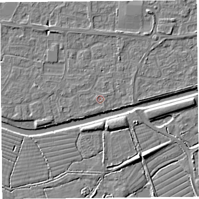 Shaded relief map of the ground around BS215HZ, computed from Environment Agency LiDAR. The ground here sits at about 6 m above sea level and falls 8 m across the surrounding 800 m. Surface water reaching this point runs off ground lying to the south-west, 0.8 m higher.