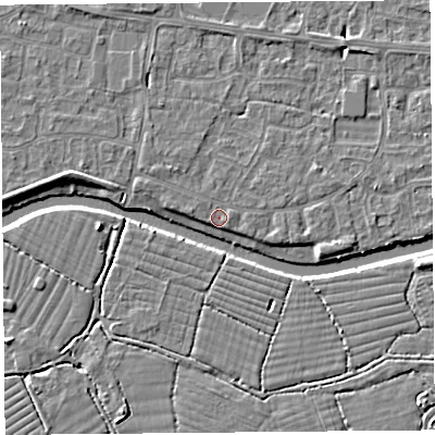 Shaded relief map of the ground around BS215JD, computed from Environment Agency LiDAR. The ground here sits at about 6 m above sea level and falls 4 m across the surrounding 800 m. Surface water reaching this point runs off ground lying to the north-west, 1.9 m higher.