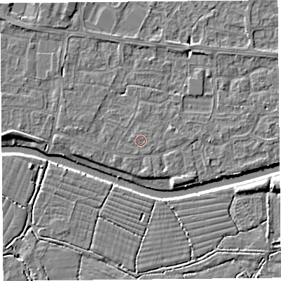 Shaded relief map of the ground around BS215JE, computed from Environment Agency LiDAR. The ground here sits at about 6 m above sea level and falls 5 m across the surrounding 800 m. The ground contributing surface water to this point lies to the west-north-west.
