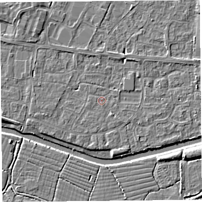 Shaded relief map of the ground around BS215JF, computed from Environment Agency LiDAR. The ground here sits at about 6 m above sea level and falls 5 m across the surrounding 800 m. Surface water reaching this point runs off ground lying to the south-east, 1.5 m higher.