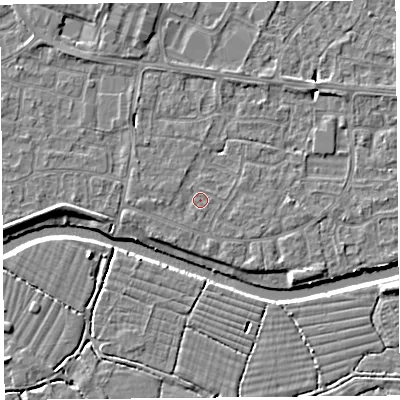 Shaded relief map of the ground around BS215JG, computed from Environment Agency LiDAR. The ground here sits at about 6 m above sea level and falls 4 m across the surrounding 800 m. Surface water reaching this point runs off ground lying to the west-north-west, 0.7 m higher.