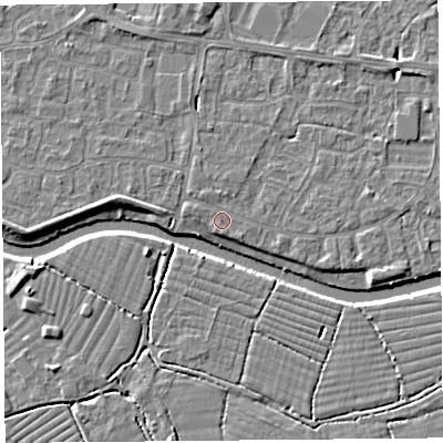 Shaded relief map of the ground around BS215JL, computed from Environment Agency LiDAR. The ground here sits at about 6 m above sea level and falls 4 m across the surrounding 800 m. Surface water reaching this point runs off ground lying to the west-north-west, 0.5 m higher.
