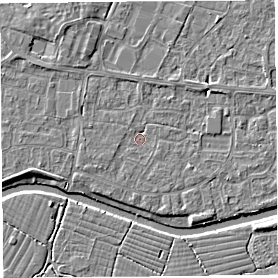 Shaded relief map of the ground around BS215JQ, computed from Environment Agency LiDAR. The ground here sits at about 6 m above sea level and falls 4 m across the surrounding 800 m. Surface water reaching this point runs off ground lying to the west-south-west, 1.3 m higher.