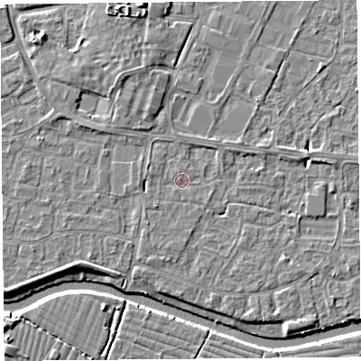Shaded relief map of the ground around BS215LA, computed from Environment Agency LiDAR. The ground here sits at about 6 m above sea level and falls 5 m across the surrounding 800 m. Surface water reaching this point runs off ground lying to the north-north-west, 2.7 m higher.