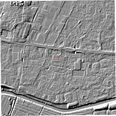 Shaded relief map of the ground around BS215LB, computed from Environment Agency LiDAR. The ground here sits at about 6 m above sea level and falls 5 m across the surrounding 800 m. Surface water reaching this point runs off ground lying to the north-west, 3.7 m higher.