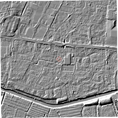 Shaded relief map of the ground around BS215LD, computed from Environment Agency LiDAR. The ground here sits at about 6 m above sea level and falls 5 m across the surrounding 800 m. Surface water reaching this point runs off ground lying to the north-east, 2.2 m higher.