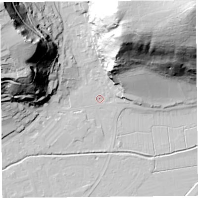 Shaded relief map of the ground around BS216AA, computed from Environment Agency LiDAR. The ground here sits at about 5 m above sea level and falls 92 m across the surrounding 800 m. Surface water reaching this point runs off ground lying to the north-east, 89.1 m higher.