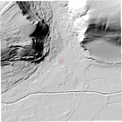 Shaded relief map of the ground around BS216AB, computed from Environment Agency LiDAR. The ground here sits at about 6 m above sea level and falls 85 m across the surrounding 800 m. Surface water reaching this point runs off ground lying to the west-north-west, 56.3 m higher.
