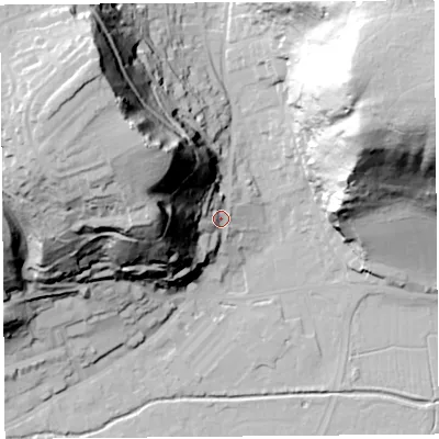Shaded relief map of the ground around BS216AE, computed from Environment Agency LiDAR. The ground here sits at about 13 m above sea level and falls 80 m across the surrounding 800 m. Surface water reaching this point runs off ground lying to the north-west, 61.8 m higher.