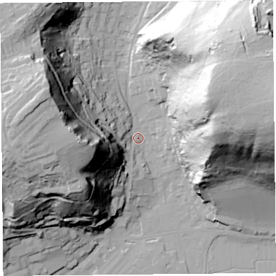 Shaded relief map of the ground around BS216AG, computed from Environment Agency LiDAR. The ground here sits at about 9 m above sea level and falls 82 m across the surrounding 800 m. Surface water reaching this point runs off ground lying to the east-north-east, 78.7 m higher.