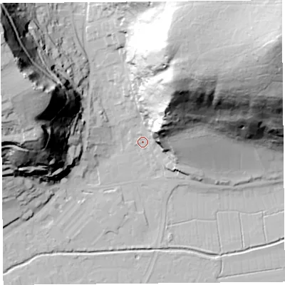 Shaded relief map of the ground around BS216AY, computed from Environment Agency LiDAR. The ground here sits at about 7 m above sea level and falls 92 m across the surrounding 800 m. Surface water reaching this point runs off ground lying to the north-east, 29.1 m higher.