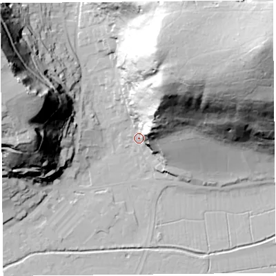 Shaded relief map of the ground around BS216AZ, computed from Environment Agency LiDAR. The ground here sits at about 8 m above sea level and falls 92 m across the surrounding 800 m. Surface water reaching this point runs off ground lying to the north-east, 28.3 m higher.
