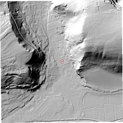 Shaded relief map of the ground around BS216BA, computed from Environment Agency LiDAR. The ground here sits at about 7 m above sea level and falls 87 m across the surrounding 800 m. Surface water reaching this point runs off ground lying to the east-north-east, 85.2 m higher.