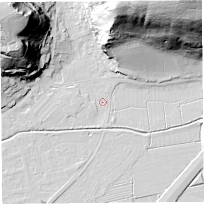 Shaded relief map of the ground around BS216BB, computed from Environment Agency LiDAR. The ground here sits at about 5 m above sea level and falls 83 m across the surrounding 800 m. Surface water reaching this point runs off ground lying to the north-north-east, 72.7 m higher.