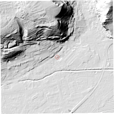 Shaded relief map of the ground around BS216BH, computed from Environment Agency LiDAR. The ground here sits at about 7 m above sea level and falls 71 m across the surrounding 800 m. Surface water reaching this point runs off ground lying to the north-north-west, 62.7 m higher.