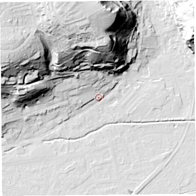 Shaded relief map of the ground around BS216BJ, computed from Environment Agency LiDAR. The ground here sits at about 9 m above sea level and falls 68 m across the surrounding 800 m. Surface water reaching this point runs off ground lying to the north, 62.8 m higher.
