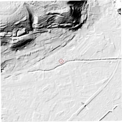 Shaded relief map of the ground around BS216BL, computed from Environment Agency LiDAR. The ground here sits at about 6 m above sea level and falls 63 m across the surrounding 800 m. Surface water reaching this point runs off ground lying to the north-west, 59.6 m higher.