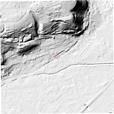 Shaded relief map of the ground around BS216BN, computed from Environment Agency LiDAR. The ground here sits at about 7 m above sea level and falls 67 m across the surrounding 800 m. Surface water reaching this point runs off ground lying to the north, 63.7 m higher.