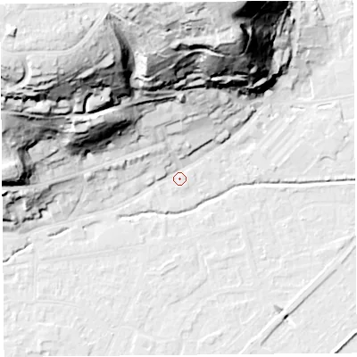 Shaded relief map of the ground around BS216BP, computed from Environment Agency LiDAR. The ground here sits at about 7 m above sea level and falls 65 m across the surrounding 800 m. Surface water reaching this point runs off ground lying to the north-west, 59.5 m higher.