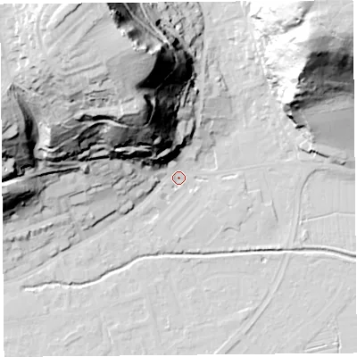 Shaded relief map of the ground around BS216BQ, computed from Environment Agency LiDAR. The ground here sits at about 6 m above sea level and falls 78 m across the surrounding 800 m. Surface water reaching this point runs off ground lying to the north-west, 55.4 m higher.