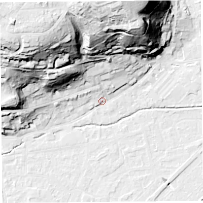 Shaded relief map of the ground around BS216BS, computed from Environment Agency LiDAR. The ground here sits at about 7 m above sea level and falls 65 m across the surrounding 800 m. Surface water reaching this point runs off ground lying to the north, 59.8 m higher.