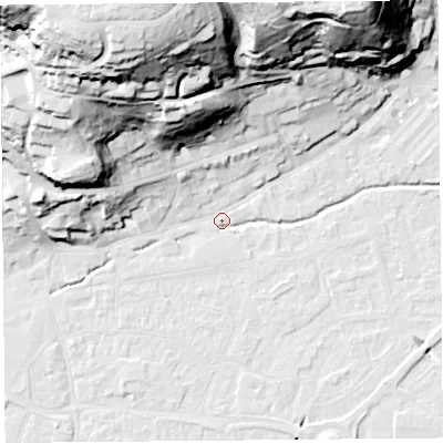 Shaded relief map of the ground around BS216BT, computed from Environment Agency LiDAR. The ground here sits at about 6 m above sea level and falls 62 m across the surrounding 800 m. Surface water reaching this point runs off ground lying to the north-north-west, 59.6 m higher.