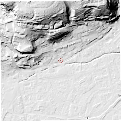 Shaded relief map of the ground around BS216BU, computed from Environment Agency LiDAR. The ground here sits at about 6 m above sea level and falls 64 m across the surrounding 800 m. Surface water reaching this point runs off ground lying to the north-north-west, 59.5 m higher.