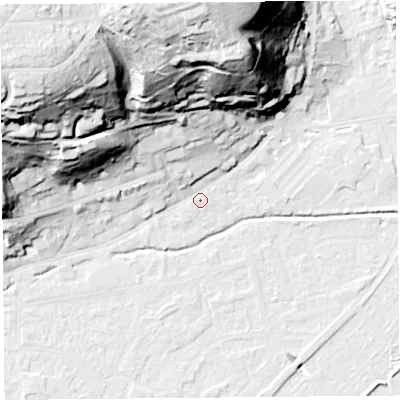 Shaded relief map of the ground around BS216BW, computed from Environment Agency LiDAR. The ground here sits at about 7 m above sea level and falls 66 m across the surrounding 800 m. Surface water reaching this point runs off ground lying to the north, 62.5 m higher.