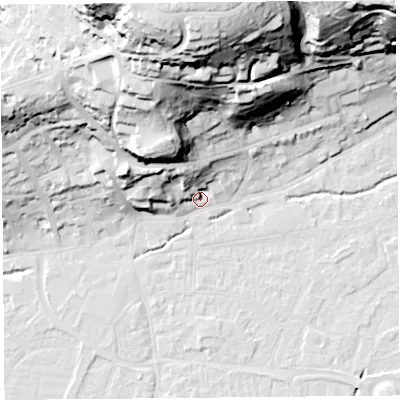 Shaded relief map of the ground around BS216BY, computed from Environment Agency LiDAR. The ground here sits at about 7 m above sea level and falls 61 m across the surrounding 800 m. Surface water reaching this point runs off ground lying to the north-north-west, 42.3 m higher.