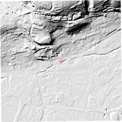 Shaded relief map of the ground around BS216DA, computed from Environment Agency LiDAR. The ground here sits at about 6 m above sea level and falls 60 m across the surrounding 800 m. Surface water reaching this point runs off ground lying to the north-north-west, 43.8 m higher.