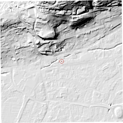 Shaded relief map of the ground around BS216DB, computed from Environment Agency LiDAR. The ground here sits at about 6 m above sea level and falls 59 m across the surrounding 800 m. Surface water reaching this point runs off ground lying to the north-north-west, 0.7 m higher.