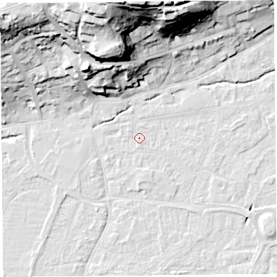 Shaded relief map of the ground around BS216DD, computed from Environment Agency LiDAR. The ground here sits at about 6 m above sea level and falls 42 m across the surrounding 800 m. Surface water reaching this point runs off ground lying to the south-south-east, 0.6 m higher.