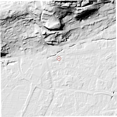 Shaded relief map of the ground around BS216DE, computed from Environment Agency LiDAR. The ground here sits at about 6 m above sea level and falls 50 m across the surrounding 800 m. Surface water reaching this point runs off ground lying to the south-south-east, 0.9 m higher.