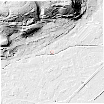 Shaded relief map of the ground around BS216DG, computed from Environment Agency LiDAR. The ground here sits at about 6 m above sea level and falls 64 m across the surrounding 800 m. Surface water reaching this point runs off ground lying to the north-west, 60.9 m higher.