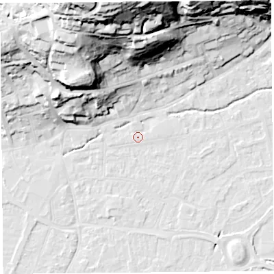 Shaded relief map of the ground around BS216DL, computed from Environment Agency LiDAR. The ground here sits at about 6 m above sea level and falls 59 m across the surrounding 800 m. Surface water reaching this point runs off ground lying to the north-north-west, 43.8 m higher.