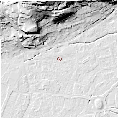 Shaded relief map of the ground around BS216DN, computed from Environment Agency LiDAR. The ground here sits at about 6 m above sea level and falls 54 m across the surrounding 800 m. Surface water reaching this point runs off ground lying to the west-north-west, 1.1 m higher.