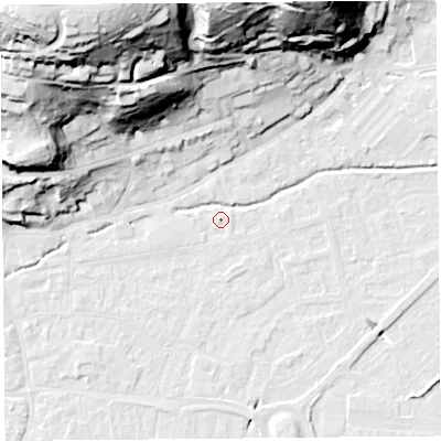 Shaded relief map of the ground around BS216DP, computed from Environment Agency LiDAR. The ground here sits at about 6 m above sea level and falls 61 m across the surrounding 800 m. Surface water reaching this point runs off ground lying to the south-west, 0.8 m higher.