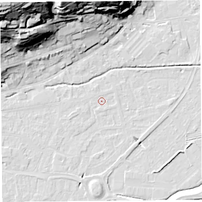 Shaded relief map of the ground around BS216DR, computed from Environment Agency LiDAR. The ground here sits at about 6 m above sea level and falls 59 m across the surrounding 800 m. Surface water reaching this point runs off ground lying to the south, 0.7 m higher.