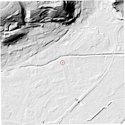 Shaded relief map of the ground around BS216DS, computed from Environment Agency LiDAR. The ground here sits at about 6 m above sea level and falls 62 m across the surrounding 800 m. Surface water reaching this point runs off ground lying to the south-south-east, 0.6 m higher.