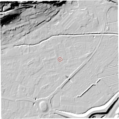 Shaded relief map of the ground around BS216DT, computed from Environment Agency LiDAR. The ground here sits at about 6 m above sea level and falls 48 m across the surrounding 800 m. Surface water reaching this point runs off ground lying to the east, 0.7 m higher.